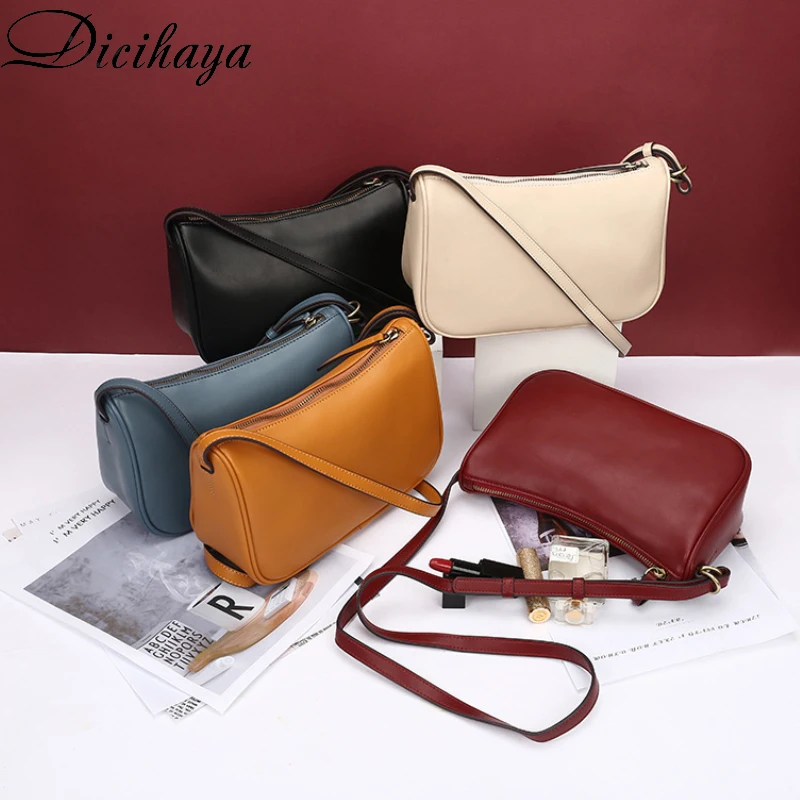 

DICIHAYA Genuine Leather Women Handbags Fashion Baguette bag Simple Zipper Ladies Shoulder Messenger Bag Moblie Phone Pocket