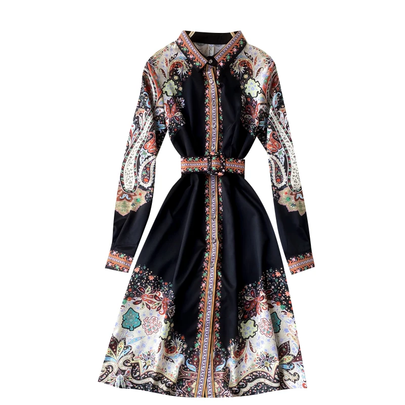 

Women Retro Print Dress Turndown-Collar Single Breasted Sashes A-line Dresses Spring Korean Chic Court Wind Midi Dress