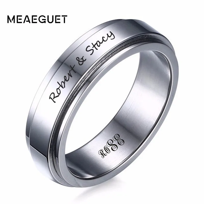

Personalized Stainless Steel Ring 6mm All Black IP Spinner Mens Women Ring In Silver Color Wedding Brands Free Engraving