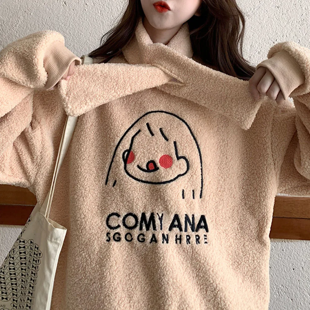 

Pullover Womens Vintage Oversized Warm Winter Fleece Cartoon Girl Letter Embroidery Female Rounded Collar Sweatshirt with Scarf
