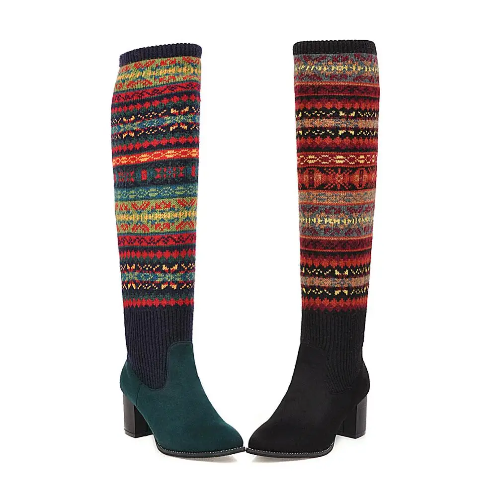 В полоску Женские ботфорты выше колена Обувь с высоким голенищем 2020 эластичные