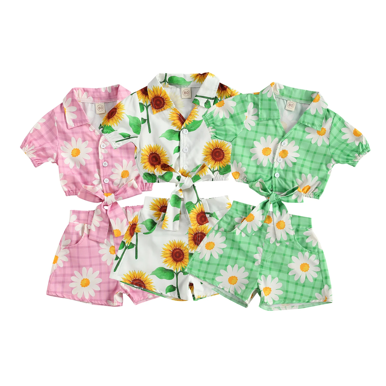 

2 Pieces Kids Girl Clothes Sets Daisy Print Turn-Down Collar Short Sleeve Tops & Shorts for Summer 1-5 Years