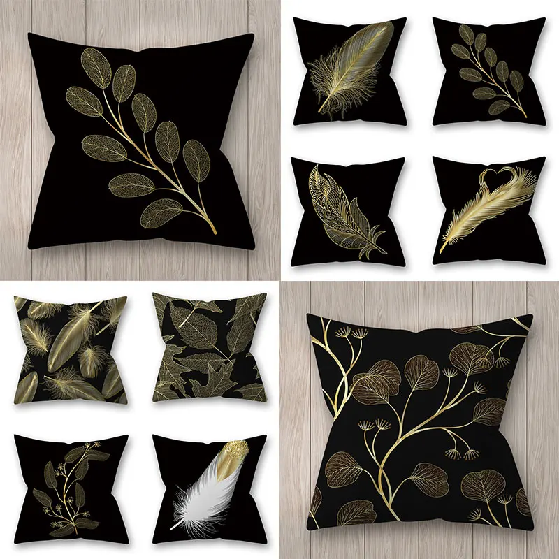 

Black Gold Tree Leaf Feather Pillowcase Decorative Pillows for Sofa Cushion Cover Home Decorative Sofa Cushions Black