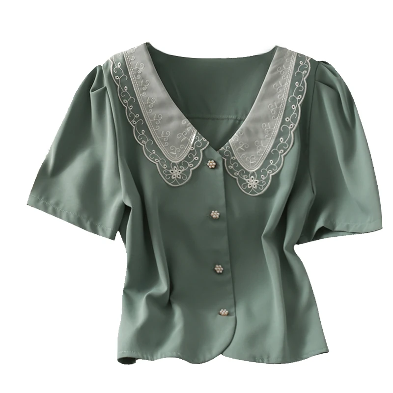 

Women Fashion Outdoor Casual Lace Short Sleeves Buttons Blouse Ladies OL Sweet Top Girls Student Elegant Daily Basic Shirts