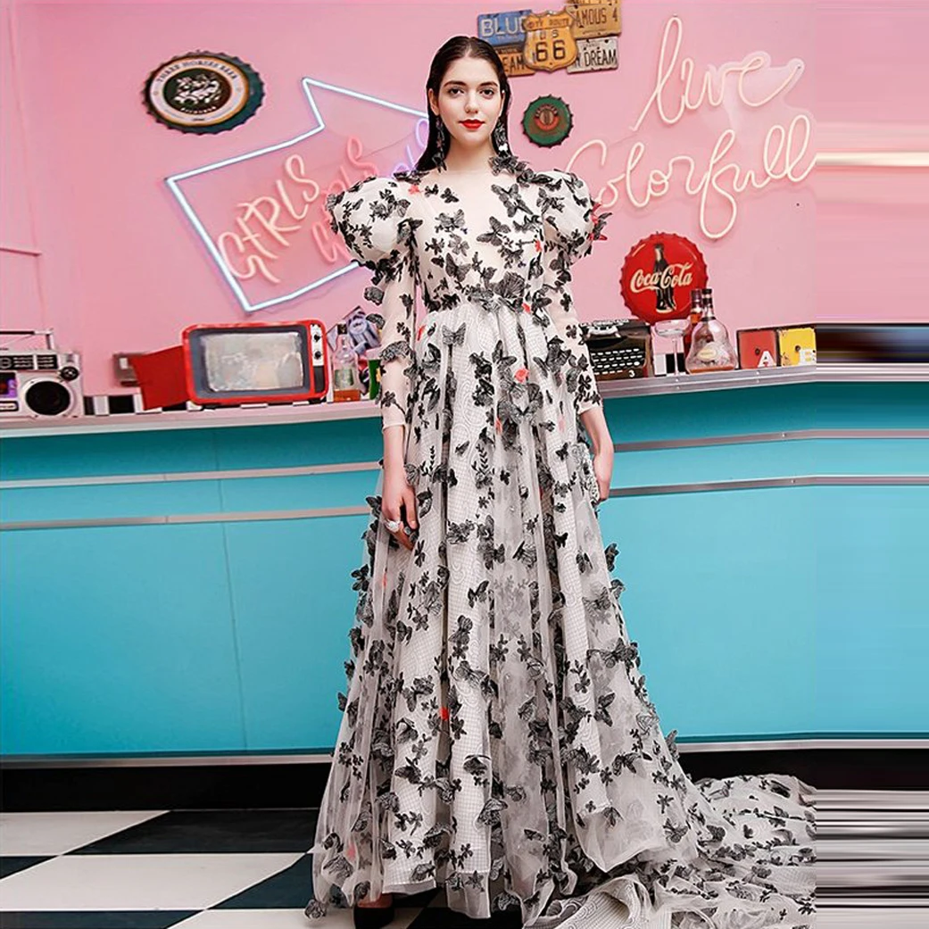 

O-neck See-Through Butterfly Evening Dress Long Sleeve Princess Dress Floor Length Prom Dress With Train Elgant Tulle Ball Gown