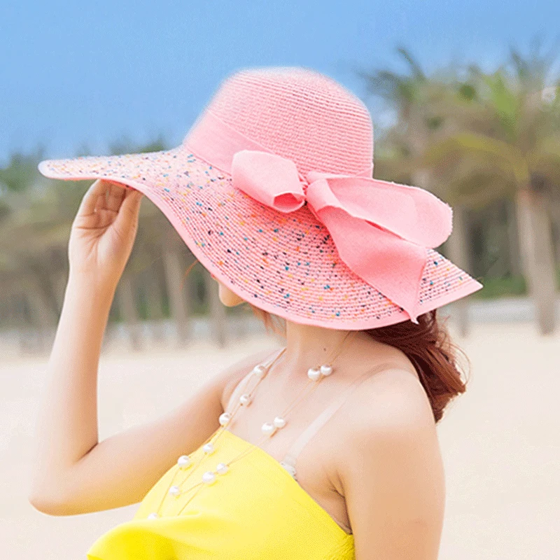 

Newly Women's Beach Hats Caps Summer Fashion Foldable Chiffon Floppy Sun Hats Casual Ladies Sombreros Bowknot Hat m99