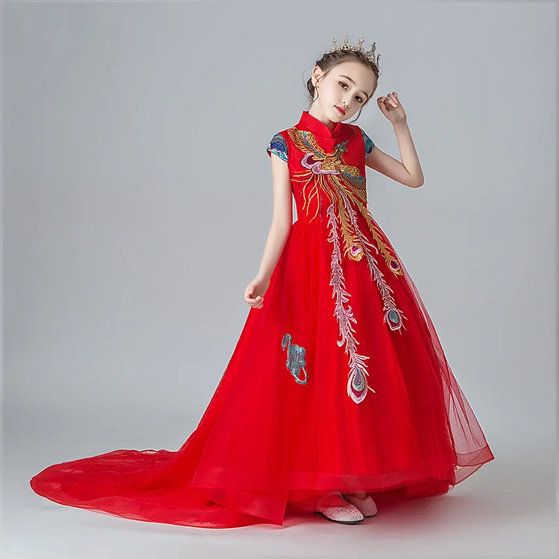 

Red Girls Princess Kids Dresses for Girls Tutu Embroidered Ball Gown Baby Girls Clothes Children Wedding Party Trailing Dress