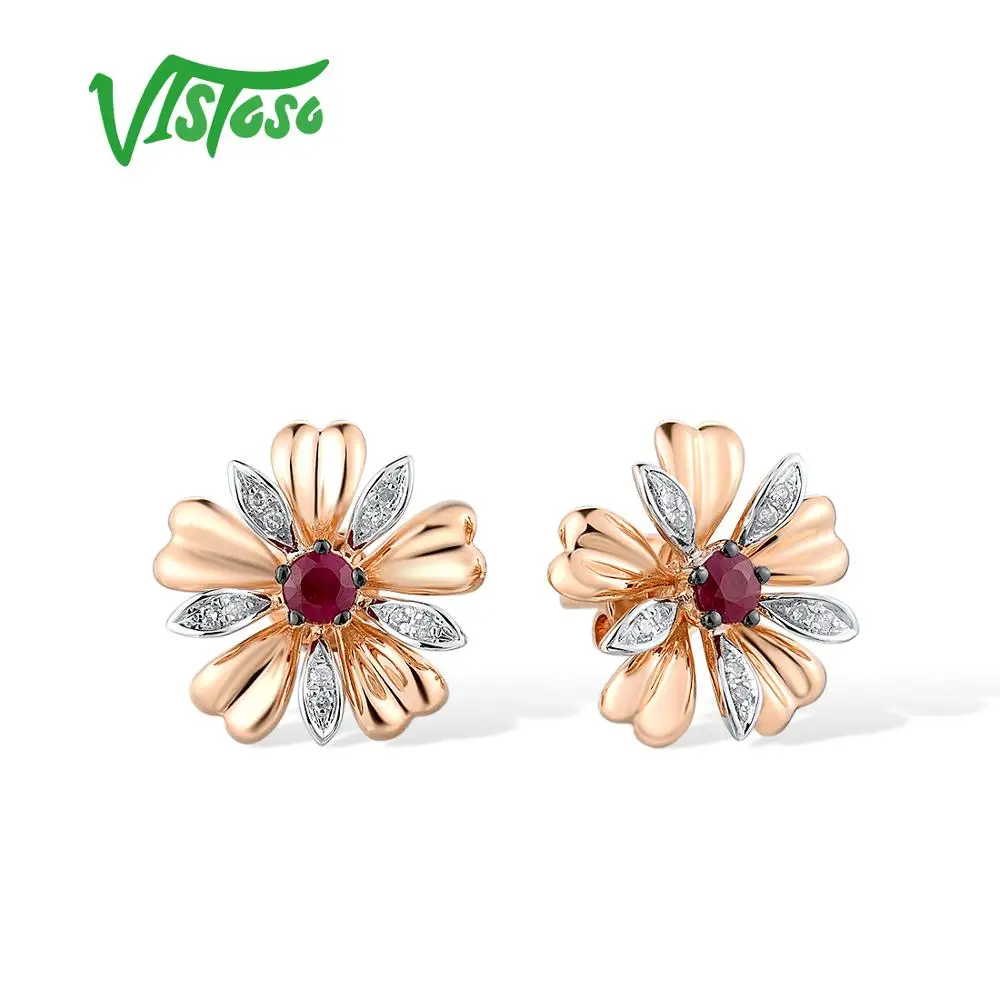 

VISTOSO 14K 585 Rose Gold Stud Earrings For Women Glamorous Ruby Sparkling Diamond Blossom Flower Elegant Trendy Fine Jewelry