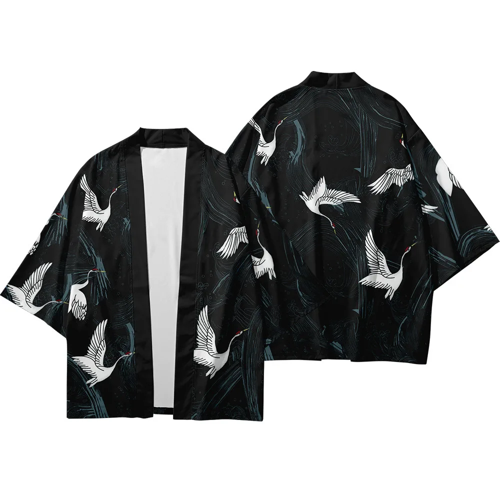 

Plus Size 6XL Loose Japanese Black White Crane Robe Cardigan Women Men Harajuku Kimono Samurai Cosplay Blouse Yukata Clothing