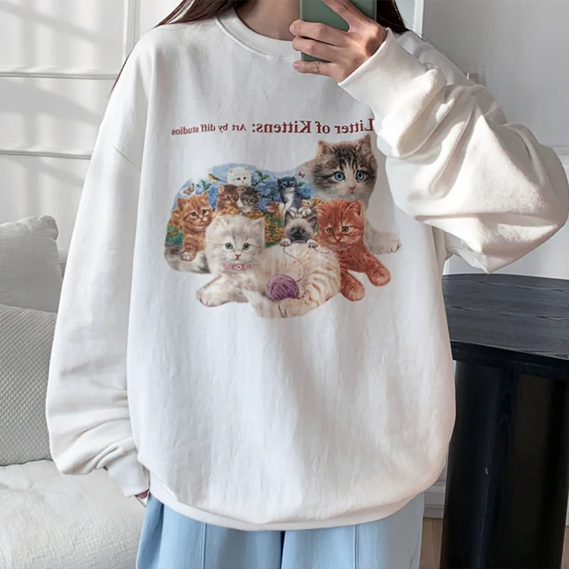 

New Spring Hoodie Women Harajuku College Style Loose Round Neck Long Sleeve Pullover Cotton Cat Print Sweatshirt Female