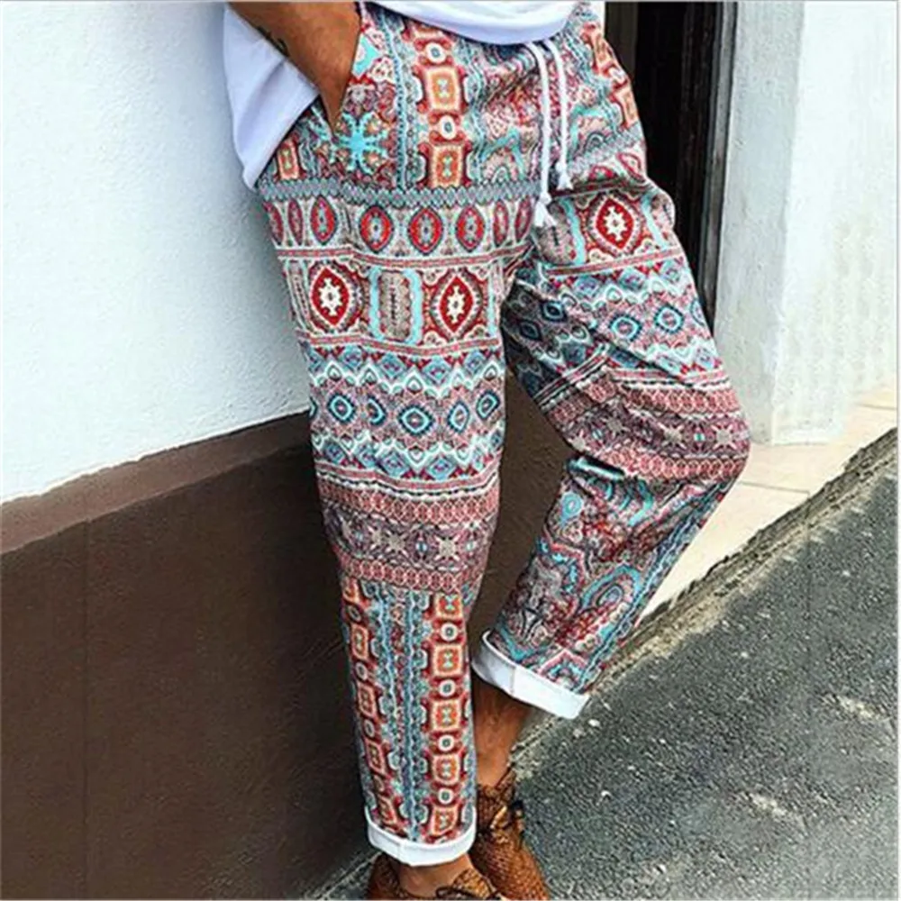 

2021 European American Spring Hot Style Men's Youth Fashion Print Tether Mid-Waist Trendy Small Feet Nine-Point Pants Jeans