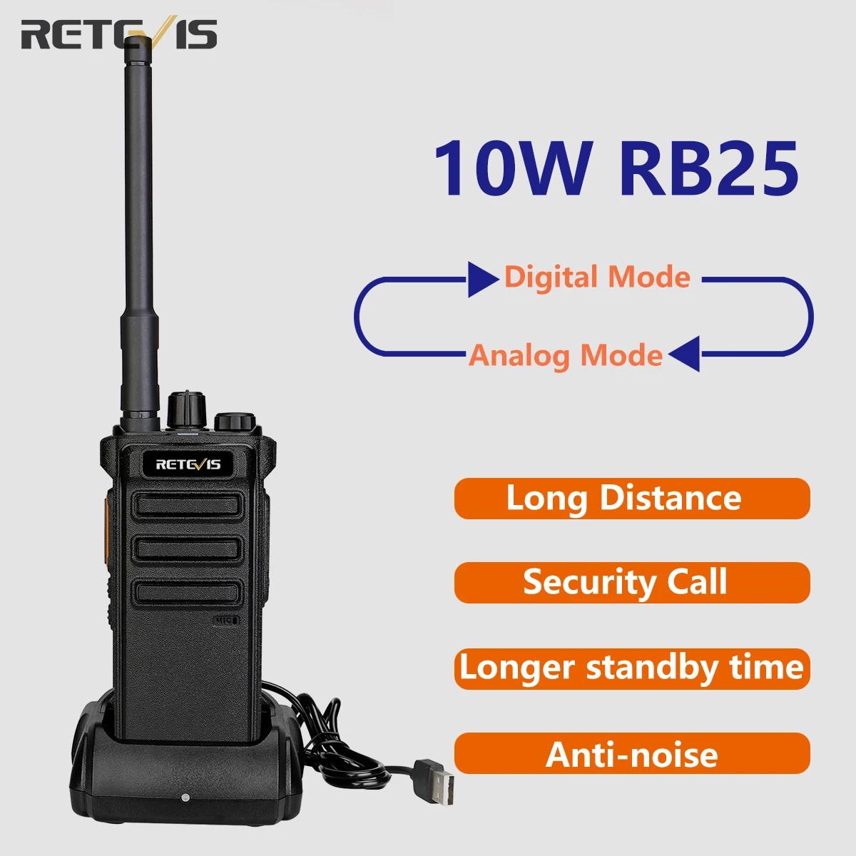 

Digital Walkie Talkie 10W Long Range Retevis RB25 Analog Two Way Radio Powerful Walkie-Talkies Handy Potable Radio for Hunting