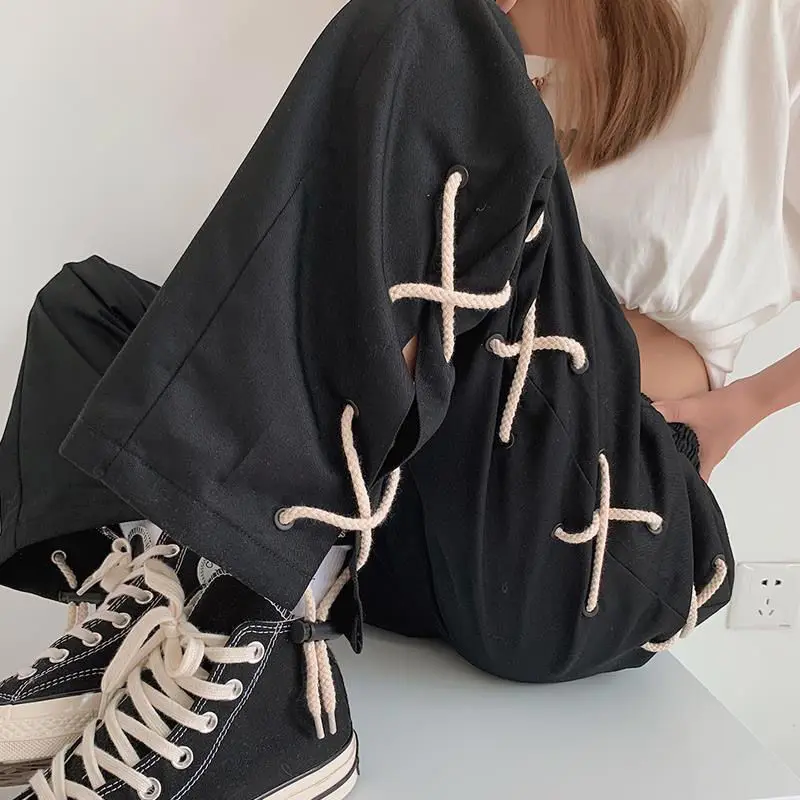 Харадзюку на шнуровке большие широкие брюки мужские с разрезом по бокам уличная