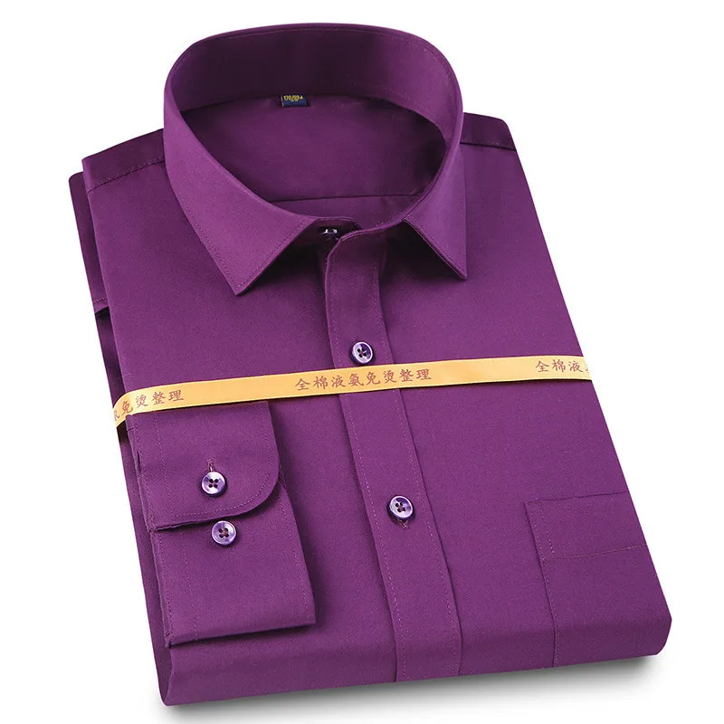 

Solid Plain 100% Cotton Long Sleeved Men Dress Shirts Square Collar non-iron Wrinkle Resistant Easy Care Soft Fad For Business