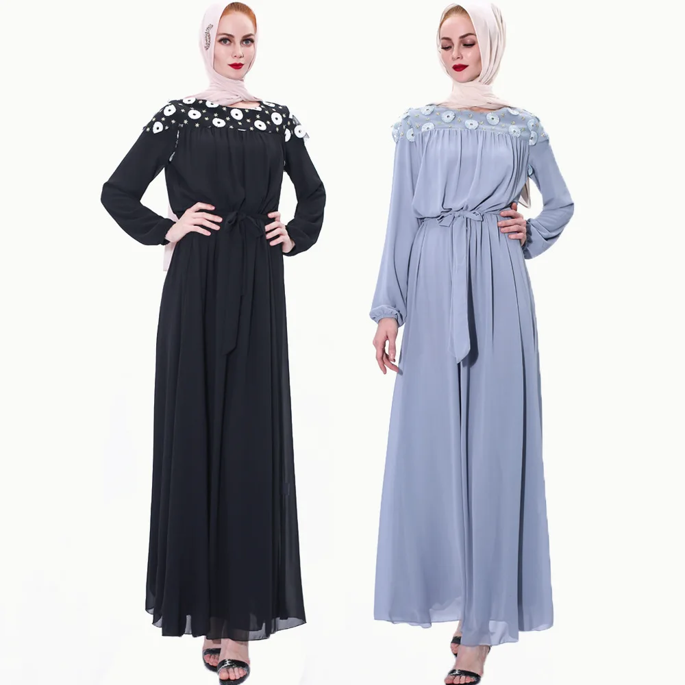 

Muslim Dress Small Daisy Mesh Embroidery Dress Middle East Saudi Arabia Muslim Fashion Lace-up Dresses Belt Dubai Abaya Turkey