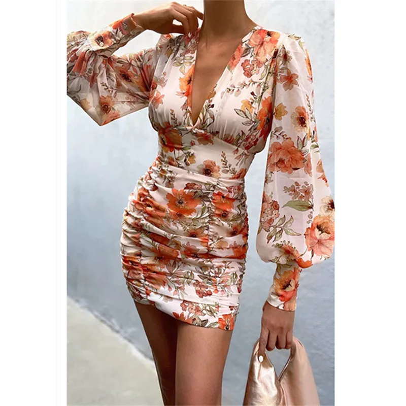

Plus Size Sexy Club Print Chiffon Long Sleeve Bodycon Women Dress 2021 Autumn Casual Mini Dresses for Women