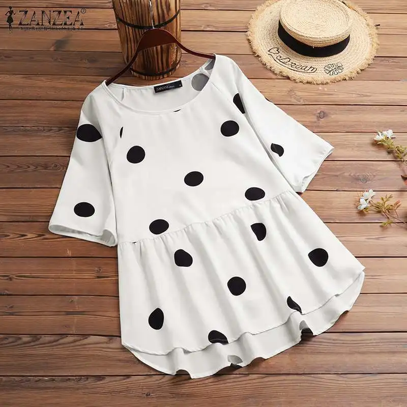 

Bohemian Women Blouse ZANZEA 2022 Summer Office Lady Polka Dot Tops Casual Short Sleeve A-line Blusa Femininas Oversized Tunic