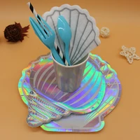 birthday party picnic supplies mermaid childrens plate special shell conch paper cup knife fork spoon disposable cake tray 273