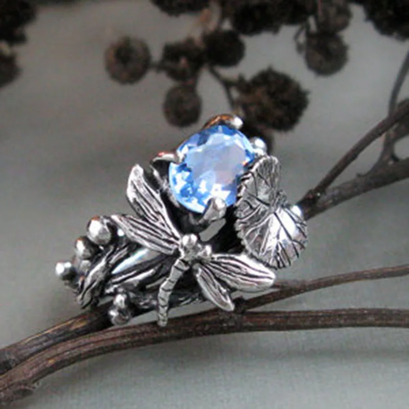 

Vintage Blue Zircon Crystal Rings Statement Engagement Jewelry Accessories Fashion Dragonfly Lotus Flower Rings for Women