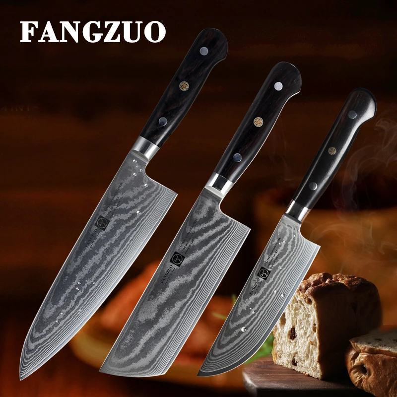 

FANGZUO 3 PCS Set Damascus Kitchen Knives VG10 Japanese Style Paring Utility Nakiri Slicing Chef Knife with Ebony Handle Cleaver