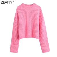 zevity 2022 women fashion o neck roll up long sleeve short pink knitting sweater female chic casual crop pullovers tops sw987
