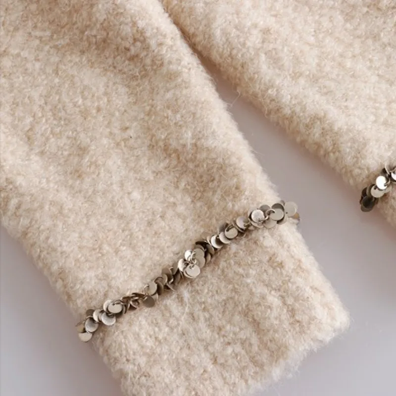 

Autumn Winter Single Breasted Sweater Short Coat Women Elegant Tops Fashion Sequins O-Neck Loose Sweet Knitting Cardigan Jacket