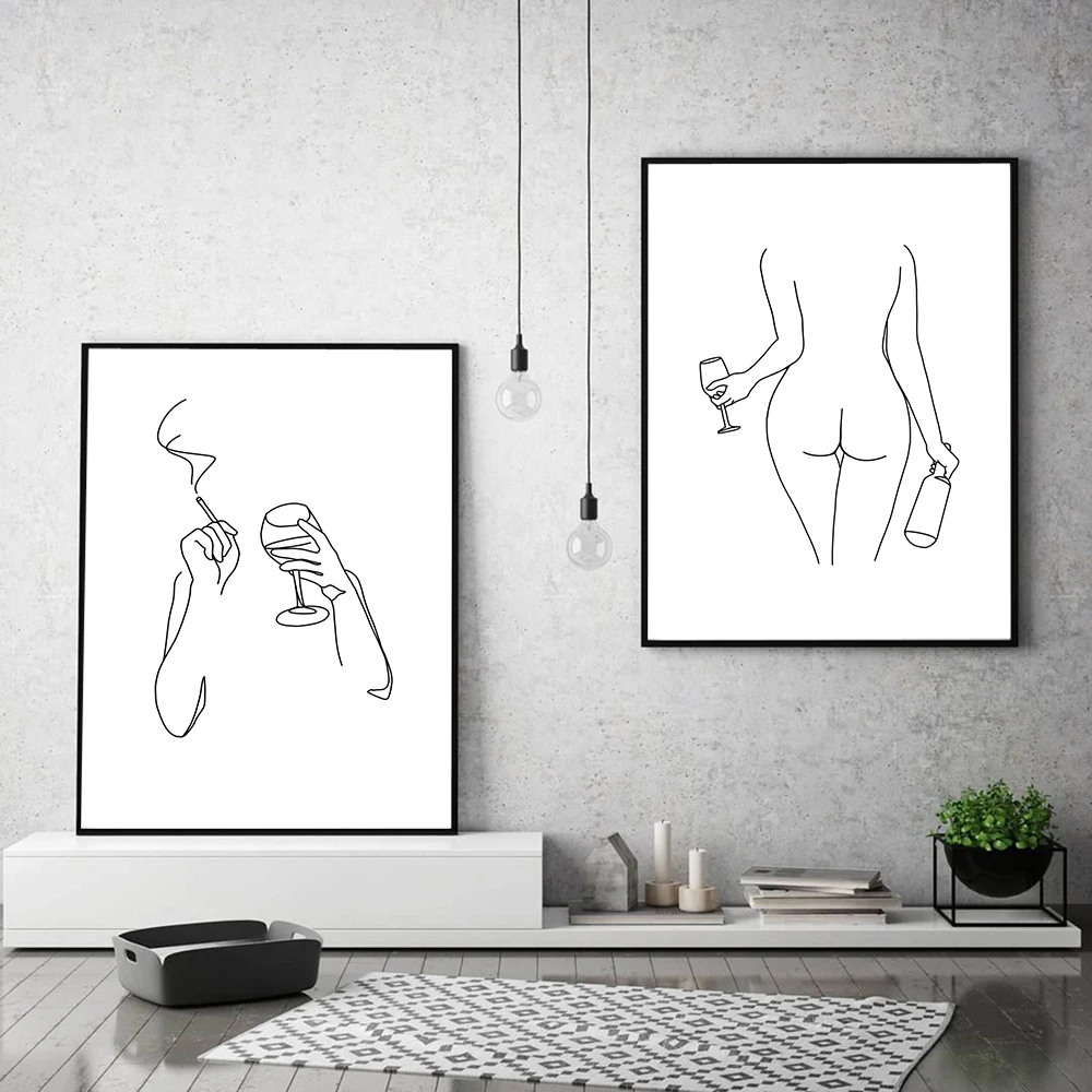 Черно-белый абстрактный художественный Рисунок на линии вина привлекательная