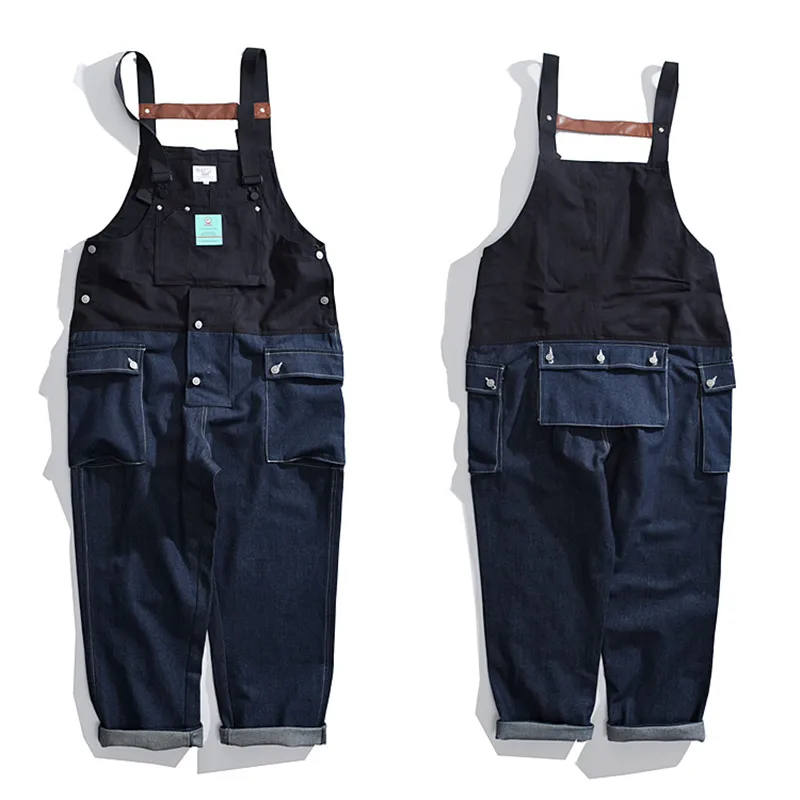 

2021 SS Amekaji Tooling Color Matching Vintage Jumpsuit Denim Stitching Suspenders Trousers for Men and Women