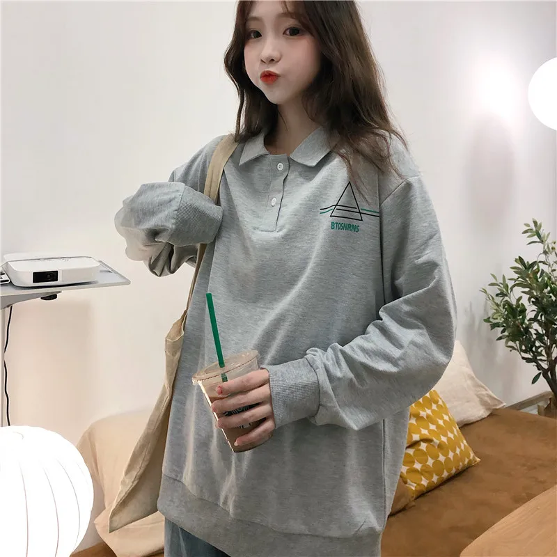 Letters Printed Polo Shirt Women Long Sleeve Autumn Winter New Loose Casual Printing Lapel Shirt Lady Black Grey Bottoming Tops