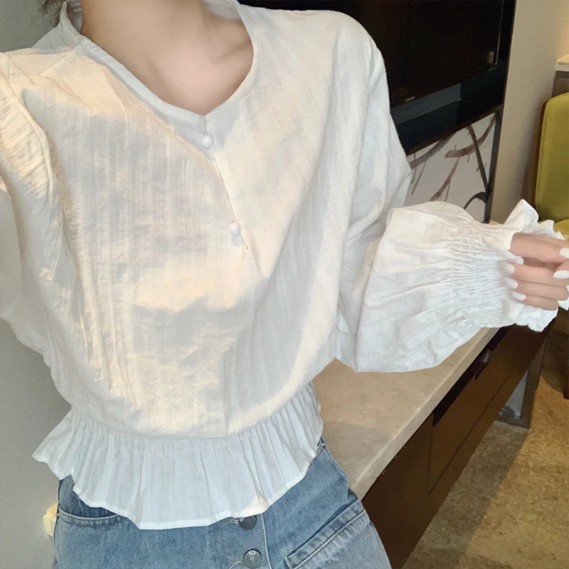 

casual white o-neck lantern sleeve full Korean style shirts Women's Clothing fashion brand Trend Spring and autumn ladies tops