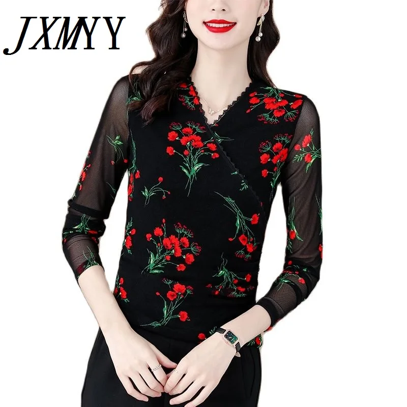 

JXMYY Printed Sexy V-Neck Net Yarn Bottoming Shirt Women's Fall 2021 New Temperament Is Thin And Simple Inner Long-Sleeved Top