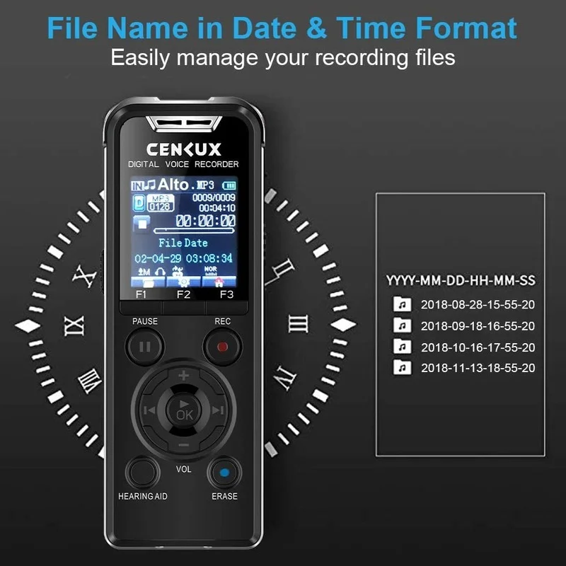 

Digital Voice Recorder,CENLUX 8G Double Microphone Noise Reduction Audio Voice Activated Recorder for Lectures