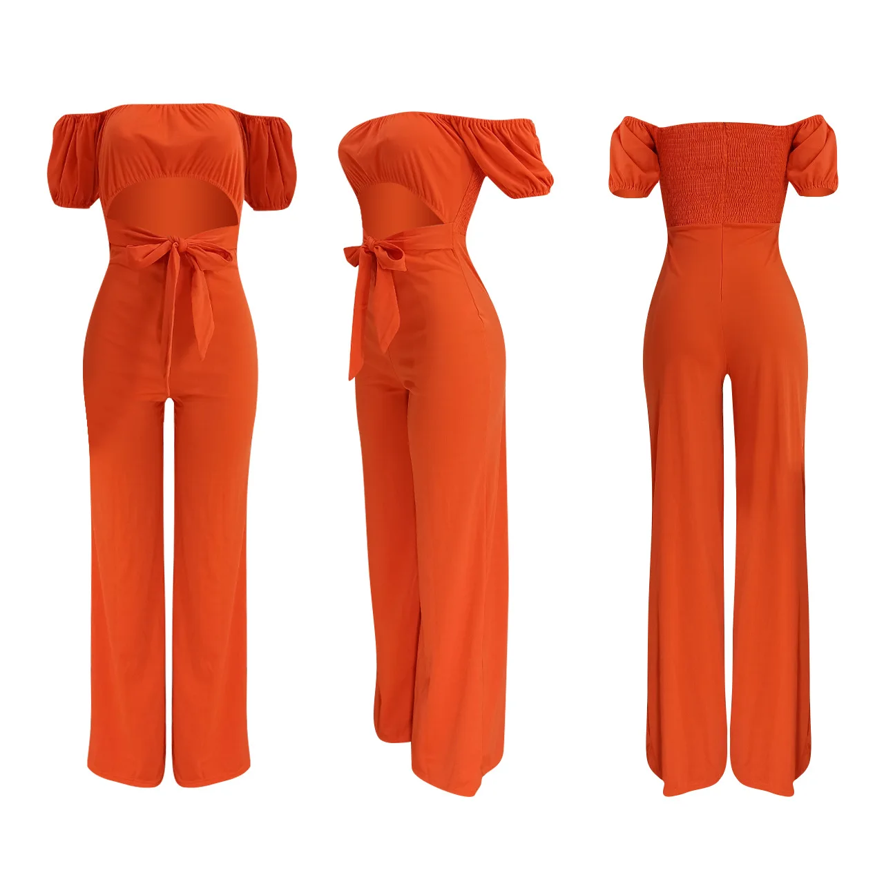

Casual Slash Neck Off Shoulder Women Jumpsuit Short Sleeve Long Wide Pants Long Rompers Womens Jumpsuit Outfit Solid Color