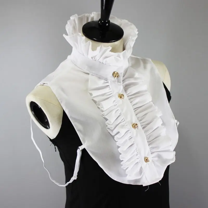 

Womens Victorian Steampunk Vintage Palace Half Shirt Blouse Stand-Up Lotus Ruffles Golden Button Down False Fake Collar My25 21