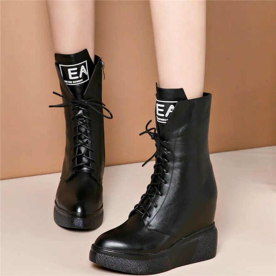 Punk Creepers Women Lace Up Genuine Leather Wedges High Heel Ankle Boots Female High Top Round Toe Fashion Sneakers Casual Shoes