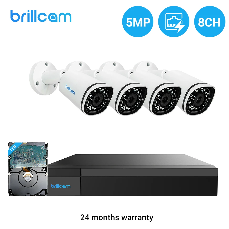 Система видеонаблюдения Brillcam Smart 5 МП PoE запись 24/7 жесткого диска 2 ТБ дюйма Функция обнаружения движения ночное видение 5 Мп