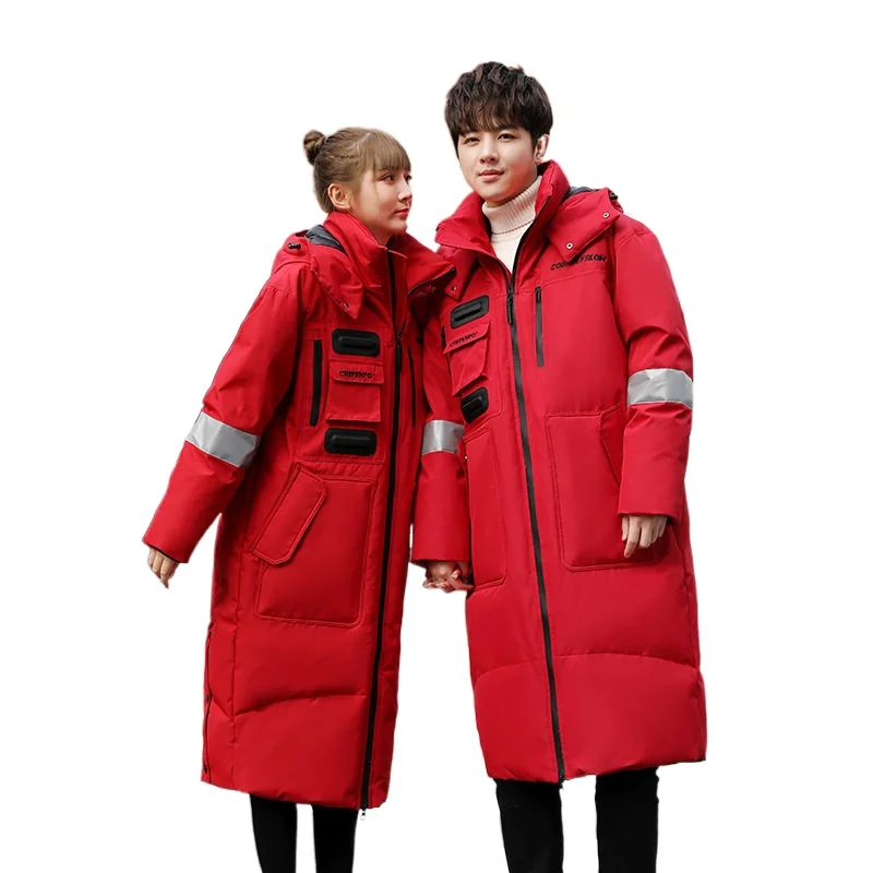 

Winter 2021 new men's long couple down jacket jacket men's white duck down padded stand-up collar hooded men women down jacket