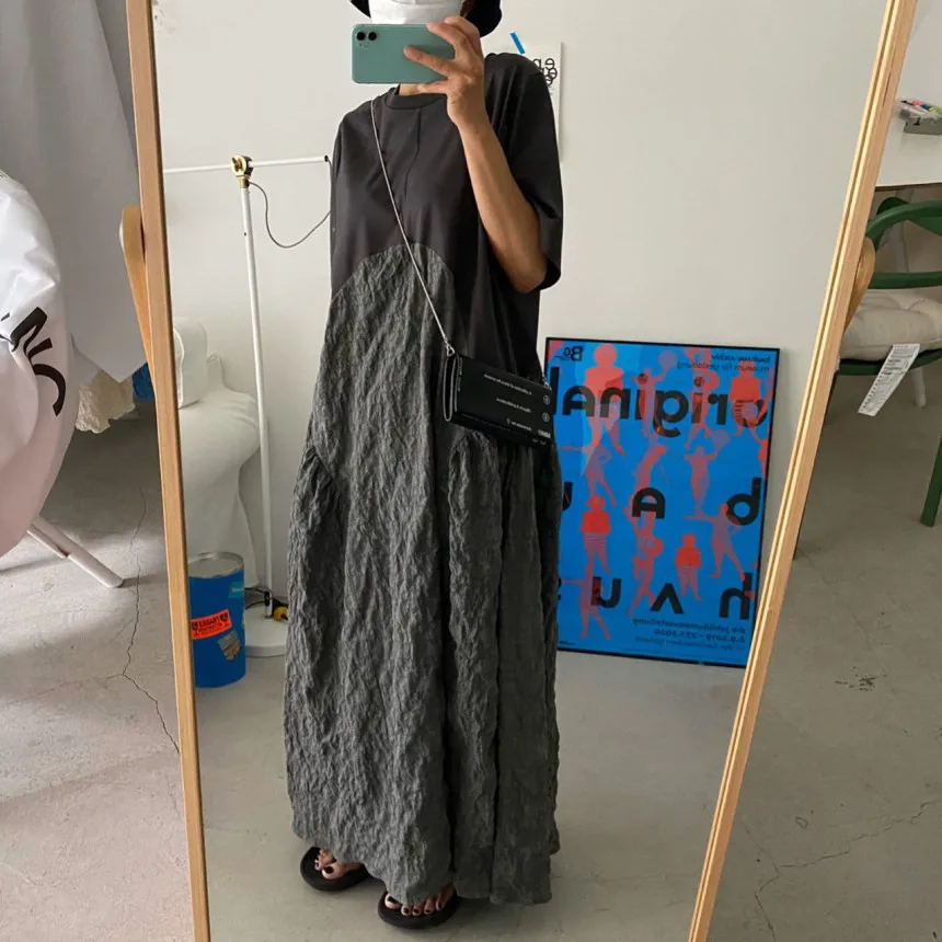 

Korejpaa Women Dress 2021 Summer Korean Chic Vintage Round Neck Loose Contrast Color Stitching Pleated Bubble Cotton Vestidos