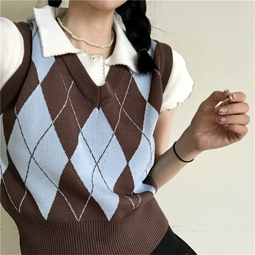 

Студенческий жилет в стиле преппи с узором ромбиками для женщин и девочек 2021 весна-осень Модный вязаный свитер жилет английская безрукавка ...