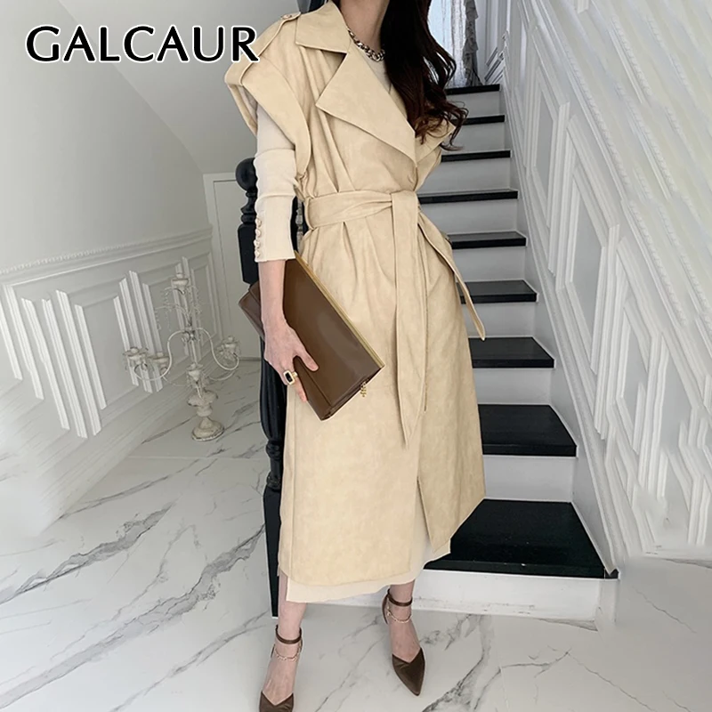 

GALCAUR Korean Fashion Solid Jacket For Women Lapel Collar Sleeveless High Waist Long Vest Coat Female New Clothing 2021 Spring