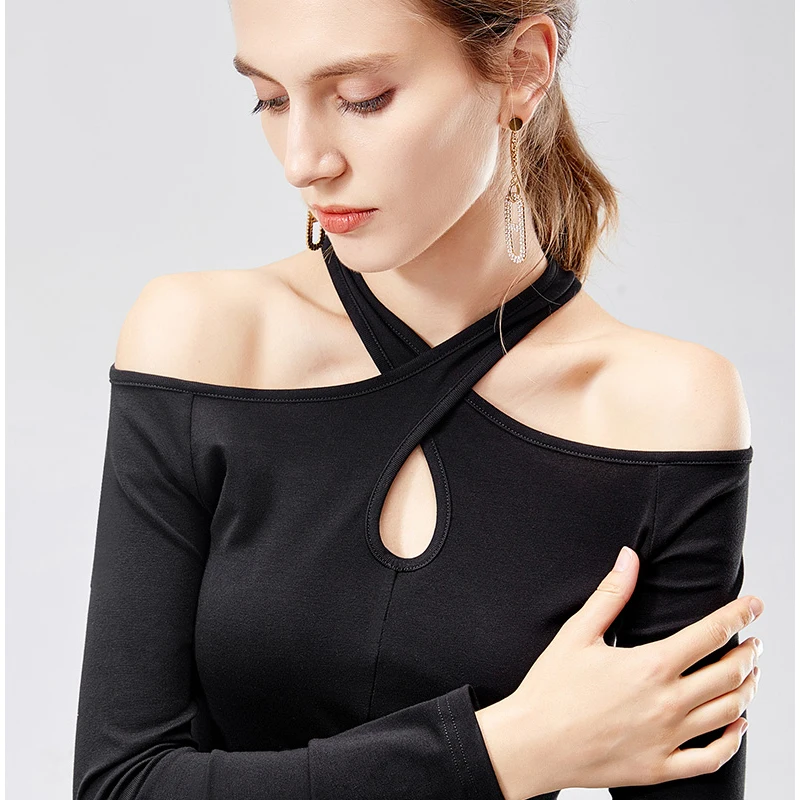 

T-Shirt Female Niche Inside Long-Sleeved Tight-Fitting Hanging Neck Cross Sexy Strapless Shirt Women's New Cotton Black