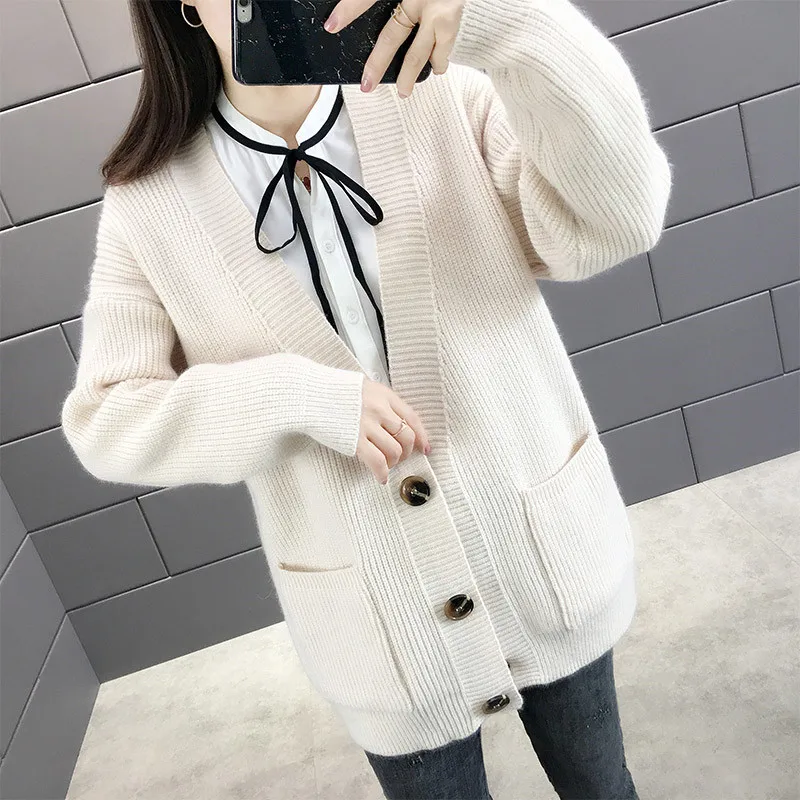 

Модный вязаный кардиган, свитер, женская одежда, новинка 2021, весна-осень, трикотажный жакет с длинным рукавом и V-образным вырезом, женские св...