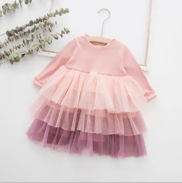 pink Платье для девочек 1 год Пышное Платье-пачка, новинка года, осенне-зимнее Сетчатое платье принцессы с длинными рукавами для девочек детская одежда детские платья, размер 4T - Цвет: pink