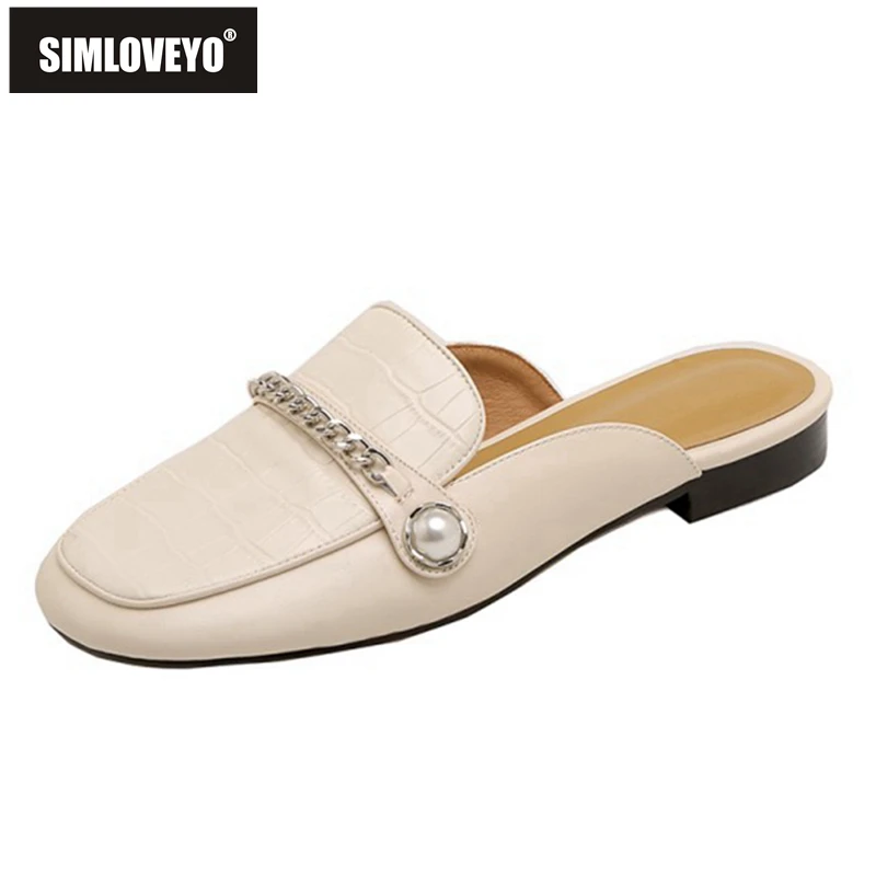 

SIMLOVEYO 2021 Fashion Genuine Leather Ladies Slippers Alligator Texture Comfort Plus Pearl Chains Mules 2.5cm US8 Apricot A4230
