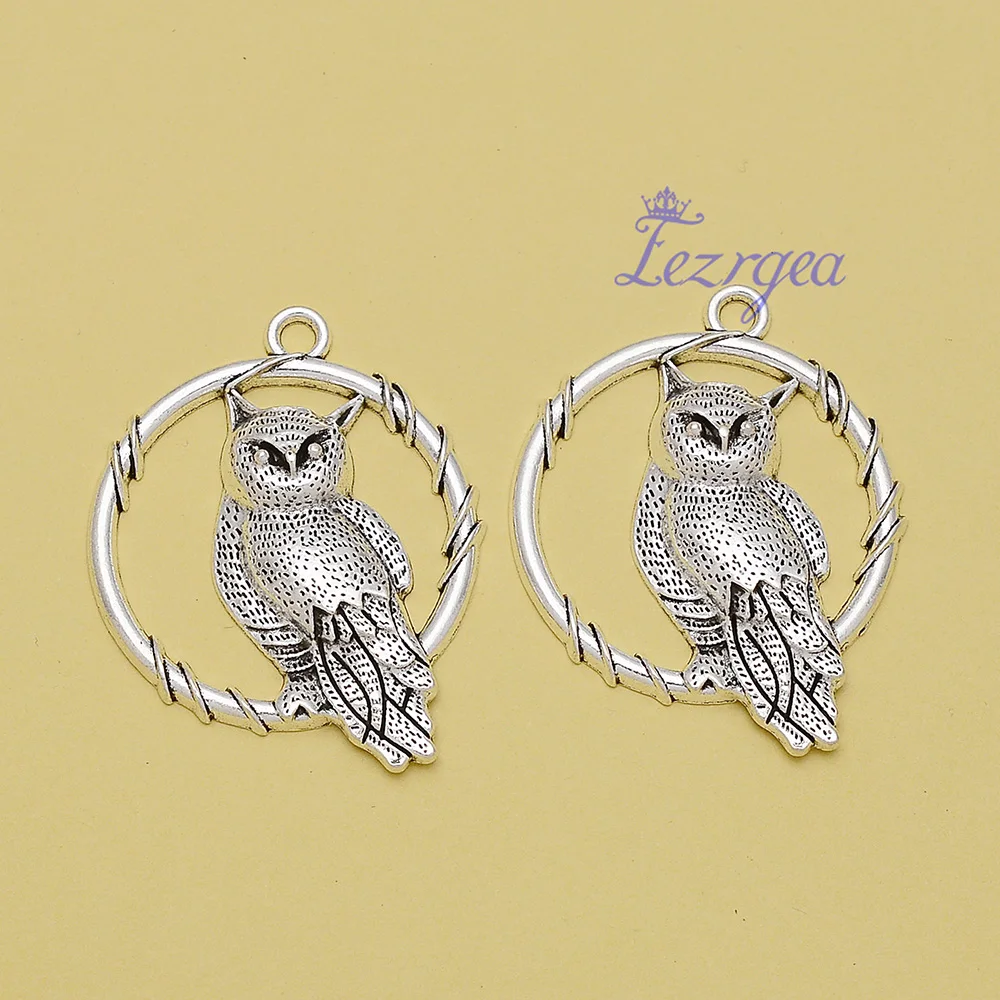 

5pcs/Lots 36x45mm Antique Silver Plated Circle Owl Charms Alloy Metal Round Bird Pendants For DIY Jewelry Making Findings Crafts