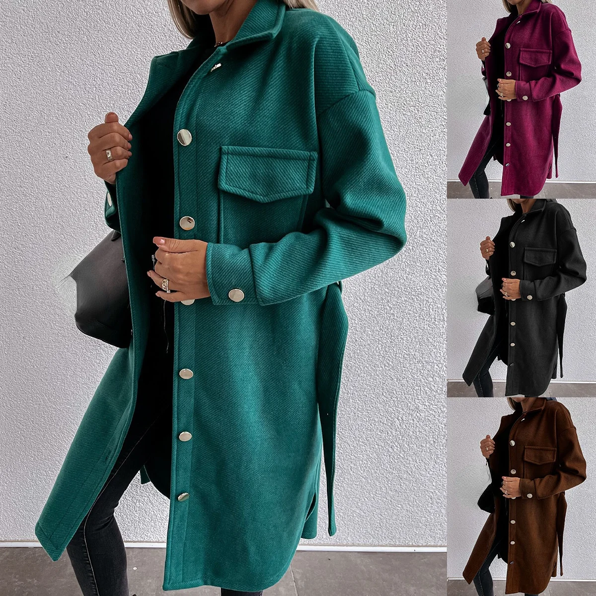 

Solid Color Lace Up Long Sleeve Tweed Coat Women Autumn 2021 New