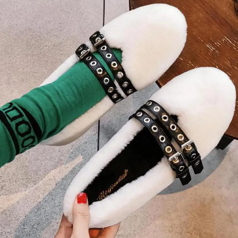 Женские меховые лоферы плюшевые балетки на плоской подошве без застежки