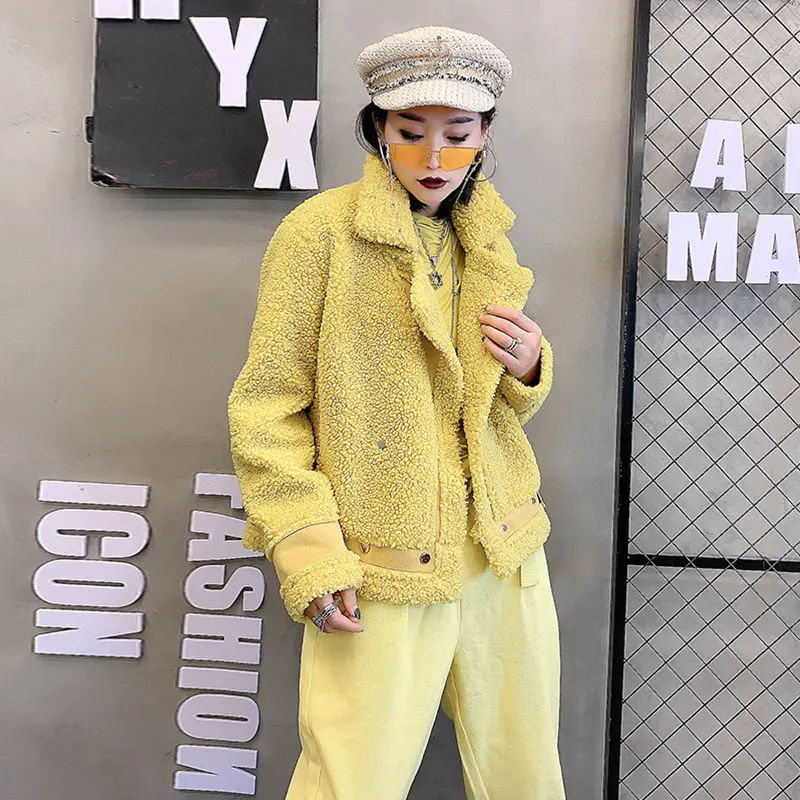 yellow Осенне-зимние шерстяные пальто для женщин, модное короткое пальто с мехом, женская теплая верхняя одежда, Овечья стрижка, женская меховая куртка желтого цвета - Цвет: yellow