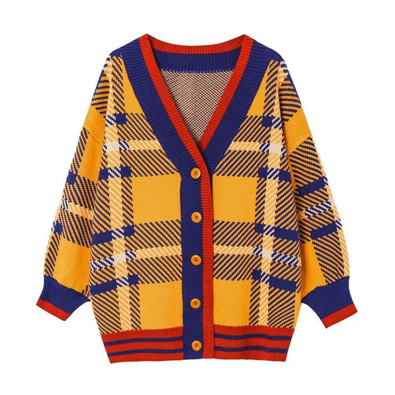 

Korean Oversize Cardigans Women Sweater V Neck Single Breasted Vintage Plaid Sweater Hit Color Patchwork Jumper Long Sleeve Coat