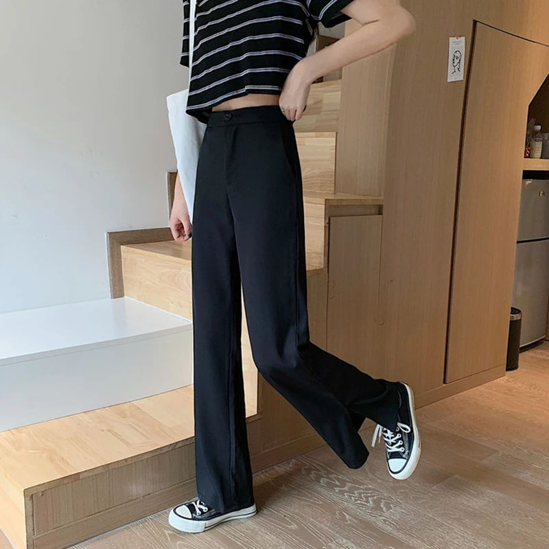 

2021 Women's Pants Spring Summer New Korean Style Long Trousers Plain Loose Casual High Waist Straight Wide Leg Slit Pants